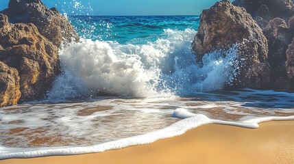 The beautiful deep blue ocean waves meet golden sand, splashing foam against jagged rocks with the waves crashing against natural rock formations in the sunlight.