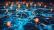 © Business Pics - A digital map featuring interconnected location pins, symbolizing global network connectivity and geographic information technology. Concept of global connections and geolocation maps for business.