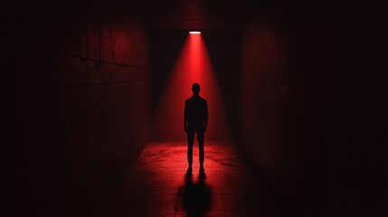 Aufkleber - A solitary figure is surrounded by darkness, with a striking spotlight casting intense red hues, evoking feelings of dread and tension. Generative AI