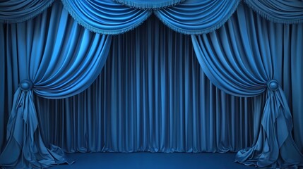 Elegant blue stage curtains in theater setting