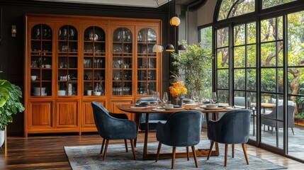 Wall Mural - Modern dining room with wooden furniture and large windows.