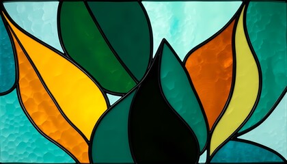 Artistic Stained Glass Panel Showcasing Abstract Leaf Forms and Light Play