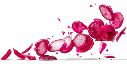 Ultra-realistic radish slices falling mid-air, isolated against a white background, showcasing intricate details and professional color grading. 