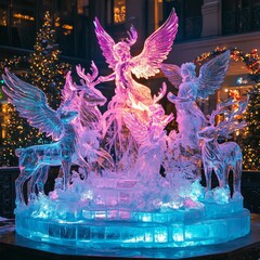 Canvas Print - A glowing ice sculpture of angels and reindeer, illuminated with pink and blue light.