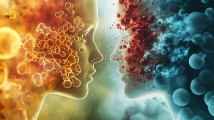 Poster - Two faces, one with a warm yellow and orange glow and the other with a cool blue and red glow, are looking at each other