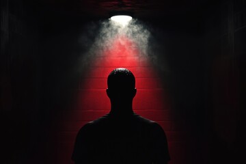 Aufkleber - In a dimly lit room, a lone figure is highlighted by a spotlight, surrounded by deep black and red hues, evoking feelings of suspense. Generative AI