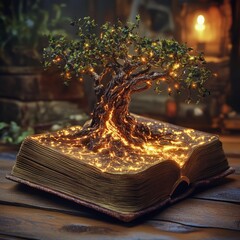 Wall Mural - A glowing tree grows from an open book, with soft light illuminating the pages and surrounding area.