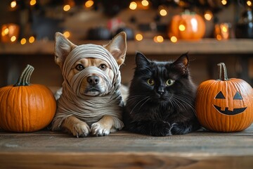 cat and dog on background of Halloween decorations and  pumpkins. autumn vibe fills the festive home, traditional holiday celebration