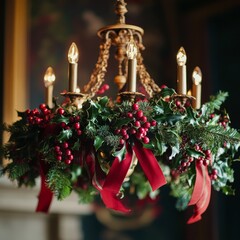 Wall Mural - A gold chandelier decorated with holly and red ribbons for the holidays.