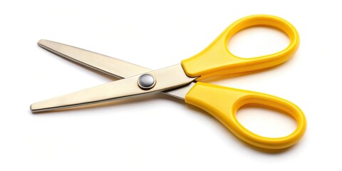 Extreme close-up of yellow scissors lifting isolated on white background