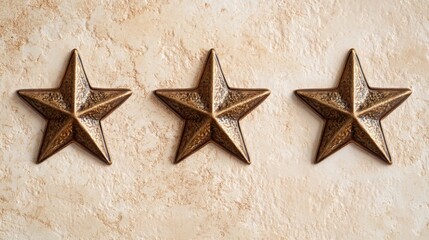 Leinwandbilder - Three bronze five-pointed stars are positioned in a straight line against a light, textured background. Their shiny surfaces reflect light, creating an appealing contrast with the backdrop.