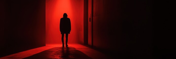 Aufkleber - In a dark environment, a lone figure is bathed in red light, creating an intense atmosphere filled with fear and suspense. Generative AI