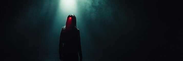 Aufkleber - In a dimly lit space, a lone figure is highlighted by a spotlight, evoking feelings of dread and tension amidst deep shadows. Generative AI