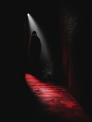 Aufkleber - In a dimly lit space, a figure shrouded in darkness emerges, highlighted by a solitary spotlight, creating a chilling atmosphere of dread. Generative AI