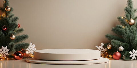 festive display featuring minimalist podium surrounded by decorated Christmas trees. scene is adorned with ornaments and snowflakes, creating warm holiday atmosphere