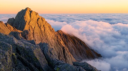 Wall Mural - A majestic mountain peak rises above a sea of clouds at sunrise, casting long shadows on the rocky terrain.