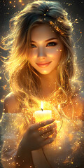 A beautiful woman holding a candle, with delicate lines and contours, soft lighting, and warm tones. 