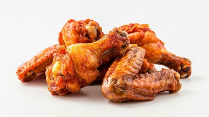 Crispy fried chicken wings in dynamic arrangement against white background, showcasing ultra-realistic fast food detail with high-definition 