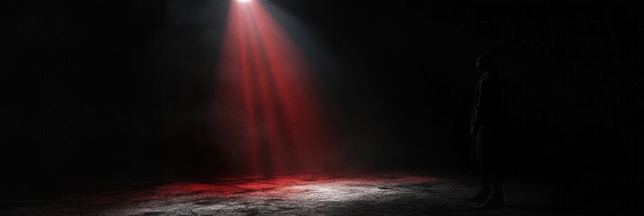Aufkleber - A solitary figure is bathed in an eerie spotlight, surrounded by darkness, creating an atmosphere filled with fear and suspense. Generative AI