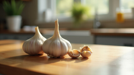 Two bulbs of garlic and garlic cloves on a kitchen counter illuminated by natural window light.