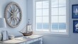 © Adnan saheem - Coastal inspired home office with a white and blue color scheme, wooden desk, and decorative ship wheel Ocean view through window