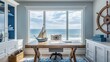 © Adnan saheem - Coastal inspired home office with a white and blue color scheme, wooden desk, and decorative ship wheel Ocean view through window