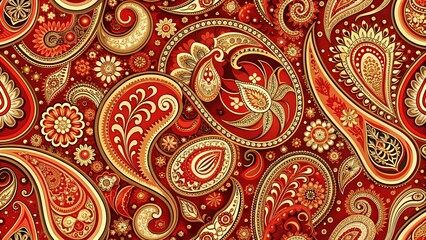 Vibrant red paisley pattern fills the frame, intricate swirling shapes and teardrops dance across the bold background, evoking luxury, elegance, and sophisticated charm.