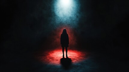 Aufkleber - In a dimly lit room, a solitary figure is illuminated by a harsh spotlight, creating a chilling atmosphere filled with tension and mystery. Generative AI