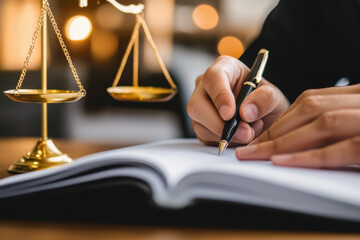 Lawyer writing legal document with golden scale of justice background