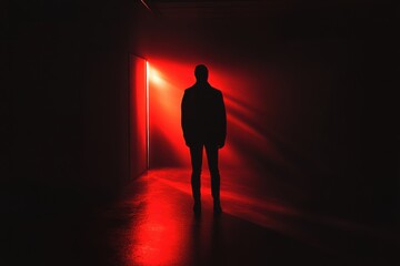 Aufkleber - A dark room features a solitary figure bathed in a spotlight, surrounded by deep red colors, creating an atmosphere of intense suspense. Generative AI