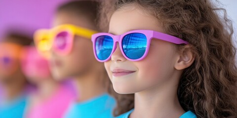 Youngsters wearing vivid sunglasses on a vividly blurred background.