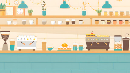 A cartoonish illustration of a coffee shop with a counter