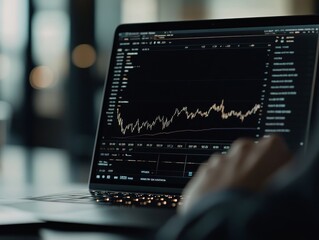 Wall Mural - A trader’s hands rest on a laptop keyboard, viewing real-time stock ticker information and a line graph within a sleek, dark financial office