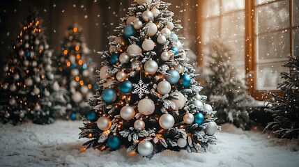 Poster - A Christmas tree adorned with shimmering white, silver, and blue ornaments, delicate snowflakes hanging from the branches,