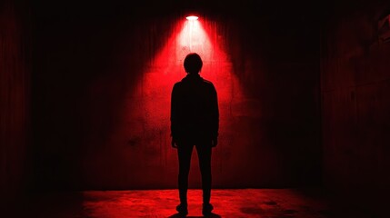 Aufkleber - In a darkened space, a solitary figure is illuminated by a harsh red light, creating an atmosphere of suspense and dread. Generative AI