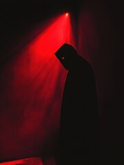 Aufkleber - A mysterious figure cloaked in black fills the dark room, highlighted by a striking red spotlight that enhances the suspense. Generative AI