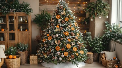 Poster - A Christmas tree decorated with dried oranges, cinnamon sticks, and sprigs of evergreen, standing in a woodland-themed living room with natural wood furniture and soft,