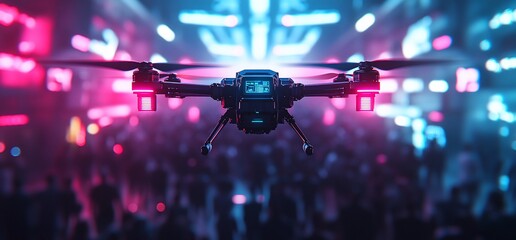 Wall Mural - A drone hovers over a vibrant crowd at an event, illuminated by colorful lights.