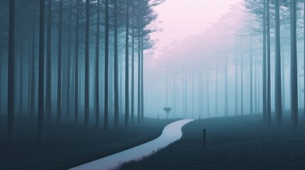 Wall Mural - Misty Forest Trail in Tranquil Morning Ambiance