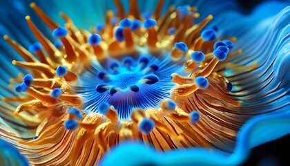 Vibrant close-up of a sea anemone showcasing striking blue and gold tentacles, capturing the beauty and diversity of marine life