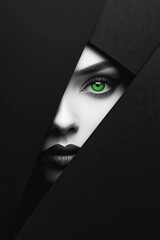 Wall Mural - A woman with green eyes peeking out from behind a black wall