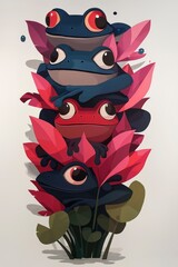 Poster - Stacked Frogs in a Garden of Pink Leaves