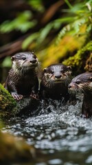 Wall Mural - A family of otters playing in a freshwater stream, surrounded by moss-covered rocks and lush green forest