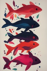 Wall Mural - Five Colorful Fish Swimming in a Patterned Background