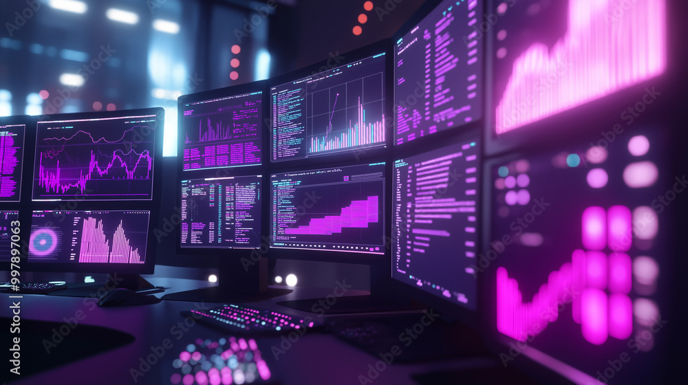 Computer monitor displaying an abstract network monitoring dashboard ...