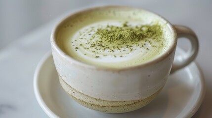 Wall Mural - A white coffee cup with green powder on top