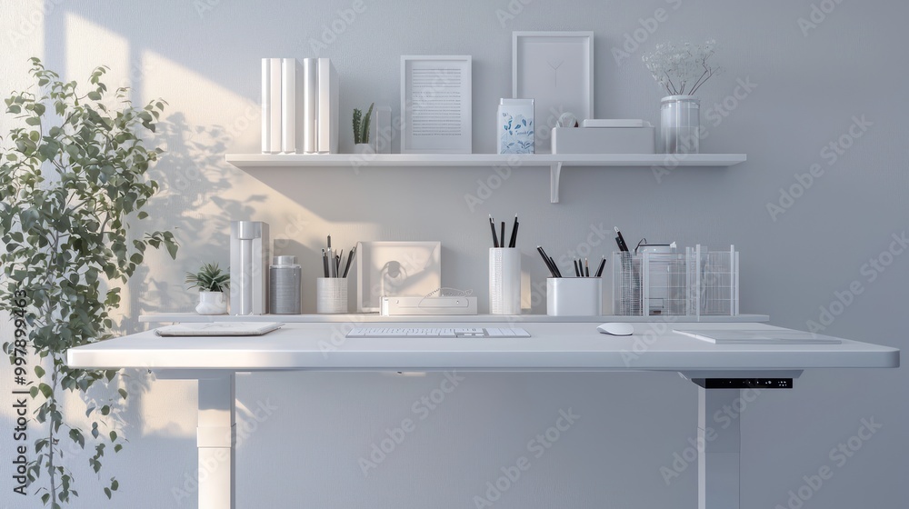 Home office with a minimalist setup, featuring a sleek, white standing ...