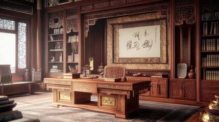 A lavish Chinese study room with rosewood furniture