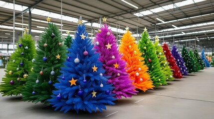 Wall Mural - Row of colorful artificial Christmas trees decorated with ornaments and gold stars.