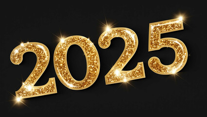 Wall Mural - 2025 word lettering with glitter gold shining effect on plain black background